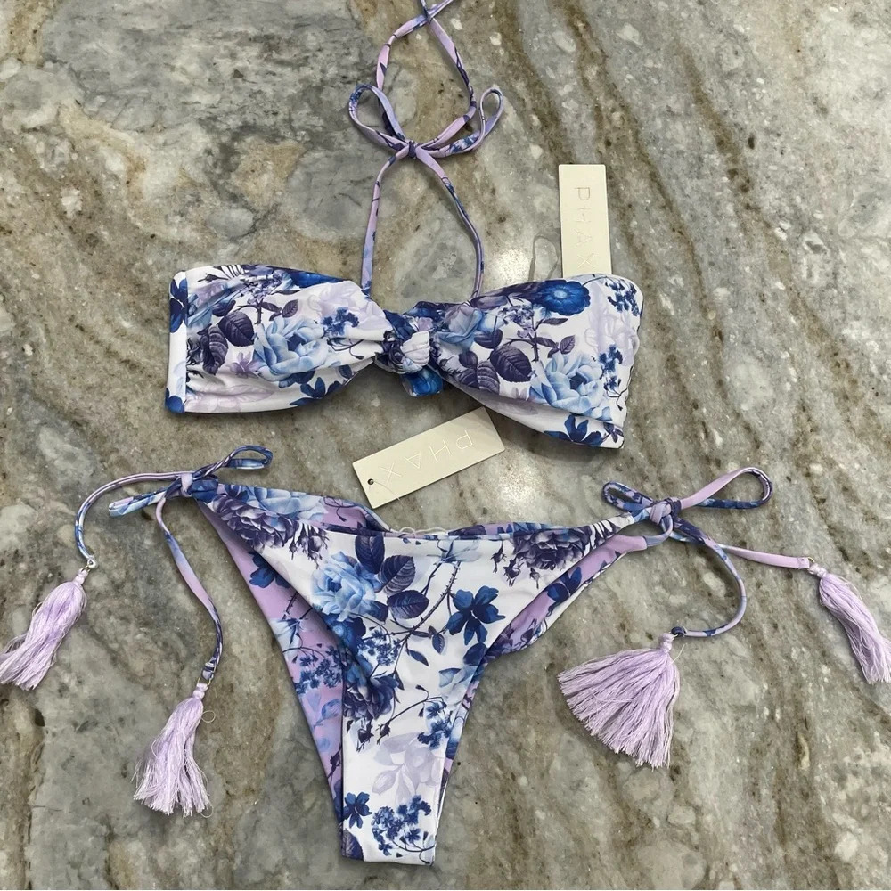 NEW PHAX Knot Front Bra top Reversible Tie Side Latin Bottom Set Classic Blue